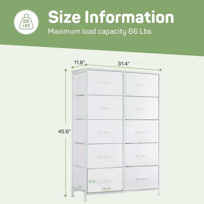 Simenmax 10 Drawer Dresser Organizer Storage Drawers, Chest of Drawers with Fabric Bin for Bedroom, Closet, Entryway,White