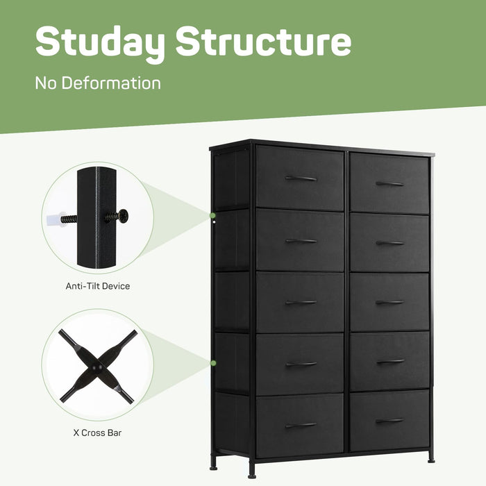 Simenmax 10 Drawer Dresser Organizer Storage Drawers, Chest of Drawers with Fabric Bin for Bedroom, Closet, Entryway,Black