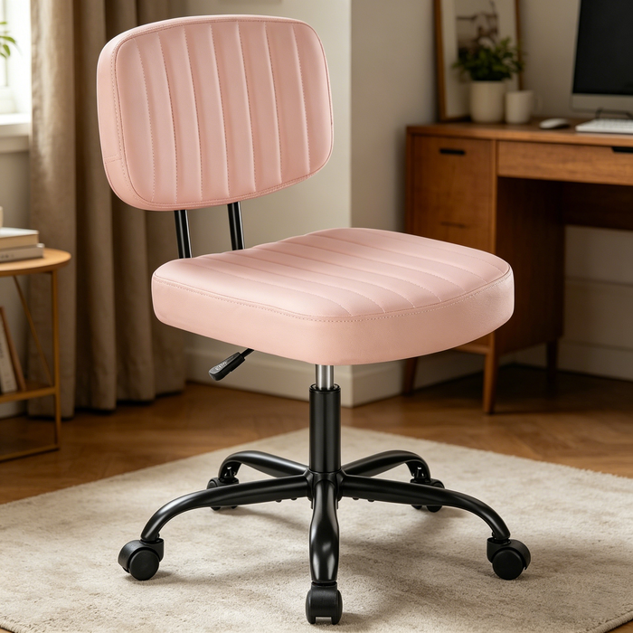 TINKLE WELL Armless Office Desk Chair with Wheels, Adjustable Height 360° Rolling Swivel Lumbar Support Low-Back Computer Chair, PU Leather