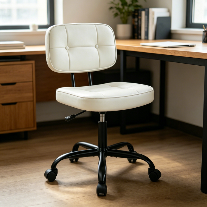 TINKLE WELL Armless Office Desk Chair with Wheels, Adjustable Height 360° Rolling Swivel Lumbar Support Low-Back Computer Chair, PU Leather
