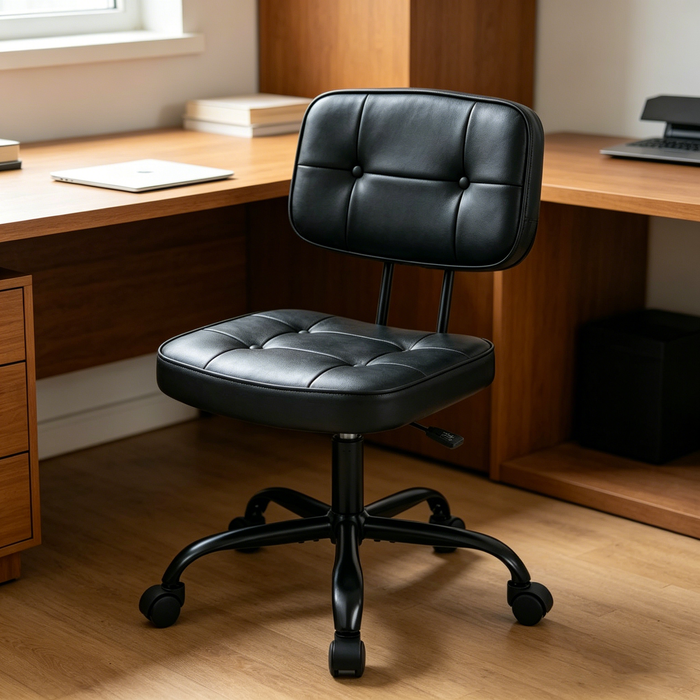 TINKLE WELL Armless Office Desk Chair with Wheels, Adjustable Height 360° Rolling Swivel Lumbar Support Low-Back Computer Chair, PU Leather