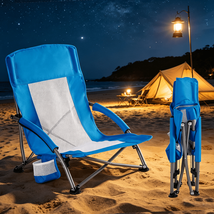 Betcozy Camping Chair, Low Profile Folding Outdoor Seat with Breathable Mesh, Heavy Duty Portable Ground Chair with Cup Holder for Music Festival, Picnic, Lawn & Beach, Blue
