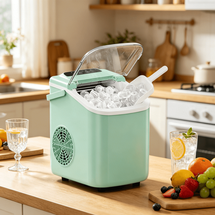 Blorly Portable Countertop Ice Maker with Handle, Self-Cleaning Bullet Ice Maker, 9 Ice Cubes Ready in 6 Minutes, 26lbs/24H, Eco-Friendly with Ice Scoop & Basket for Home, Office, Bar, Party, RV (Green)