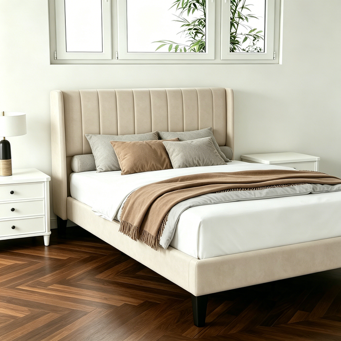 Bed Frames with Headboard, Fabric Upholstered Platform Bed with Wood Slats 500 lbs Support , Noise Free, No Box Spring Needed