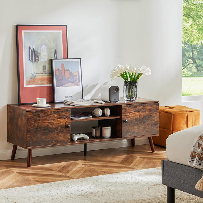 TV Stand for TVs up to 60", Wood Entertainment Center with Storage and Shelves, Adjustable Middle Feet, Waterproof, Retro Brown
