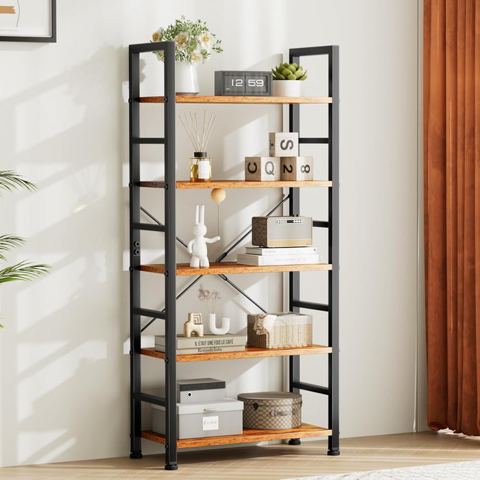 5 Tier Bookcase, Bookshelf Storage Wall Shelf Organizer Display StandBook Shelf, Corner Storage Organizer, Retro Brown