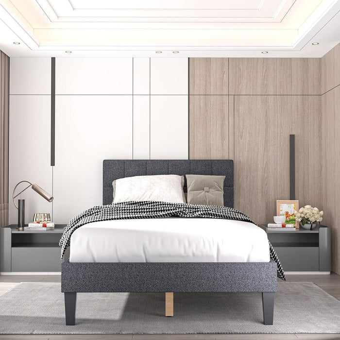 Twin Bed Frames with Headboard, Upholstered Platform Bed with Wood Slats 800 lbs Support , Noise Free, No Box Spring Needed, Dark Grey