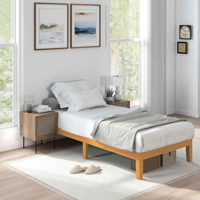 TINKLE WELL Solid Wood Bed Frame, Twin Size Bed Base with Wood Slat Support, No Box Spring Needed, 12" Height Noise-Free Natural Pine Frame, Easy Assembly
