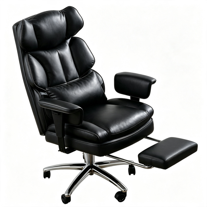 Executive PU Leather Office Chair with Retractable Footrest, 135° Recline Segmented Padded Desk Chair, 300 LBS Capacity Home Computer Chair, Black