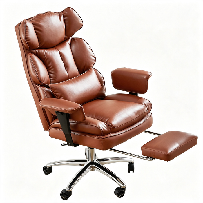 Executive PU Leather Office Chair with Retractable Footrest, 135° Recline Segmented Padded Desk Chair, 300 LBS Capacity Home Computer Chair, Brown