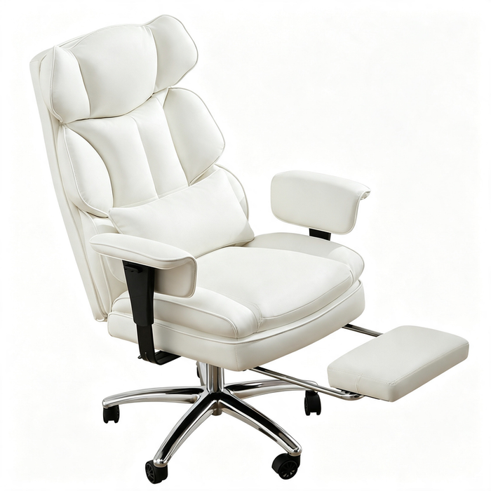 Executive PU Leather Office Chair with Retractable Footrest, 135° Recline Segmented Padded Desk Chair, 300 LBS Capacity Home Computer Chair, White