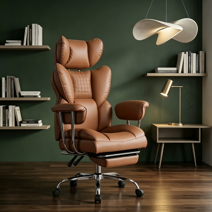 High‑Back Executive Office Chair，Retractable Footrest，Big & Tall Gaming Chair with Thicken Seat，350lbs Weight Capacity，PU Leather，135° Recline， Brown