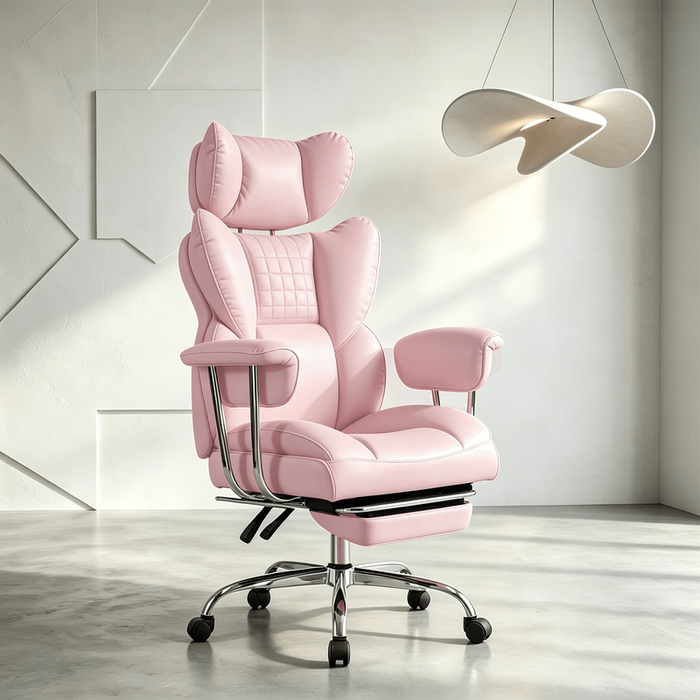 High‑Back Executive Office Chair，Retractable Footrest，Big & Tall Gaming Chair with Thicken Seat，350lbs Weight Capacity，PU Leather，135° Recline， Pink