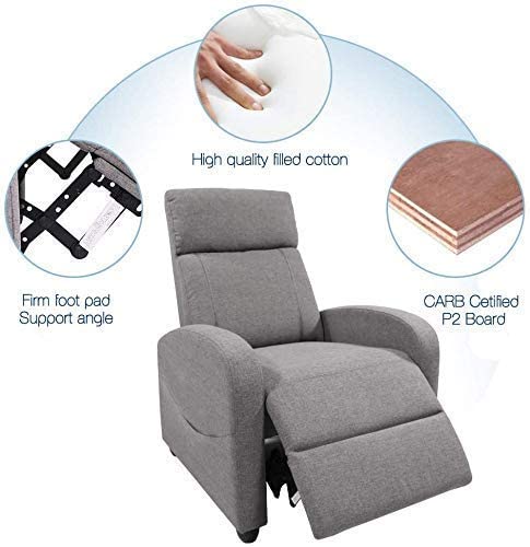 Recliner Chair Living Room Fabric Armchair, Home Theater Seating Reading Watching TV Modern 160° Reclining Chair Padded Seat Backrest (Grey)