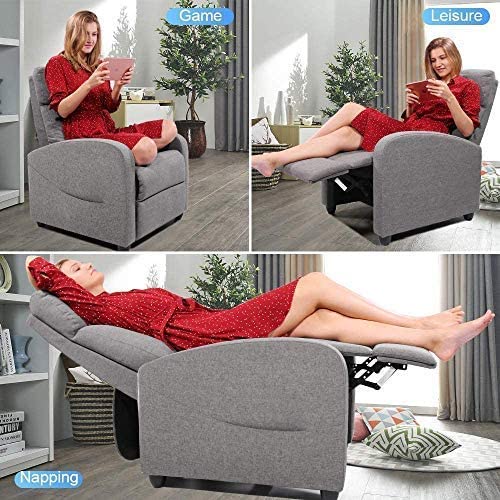Recliner Chair Living Room Fabric Armchair, Home Theater Seating Reading Watching TV Modern 160° Reclining Chair Padded Seat Backrest (Grey)