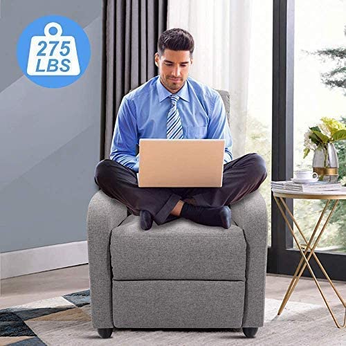 Recliner Chair Living Room Fabric Armchair, Home Theater Seating Reading Watching TV Modern 160° Reclining Chair Padded Seat Backrest (Grey)