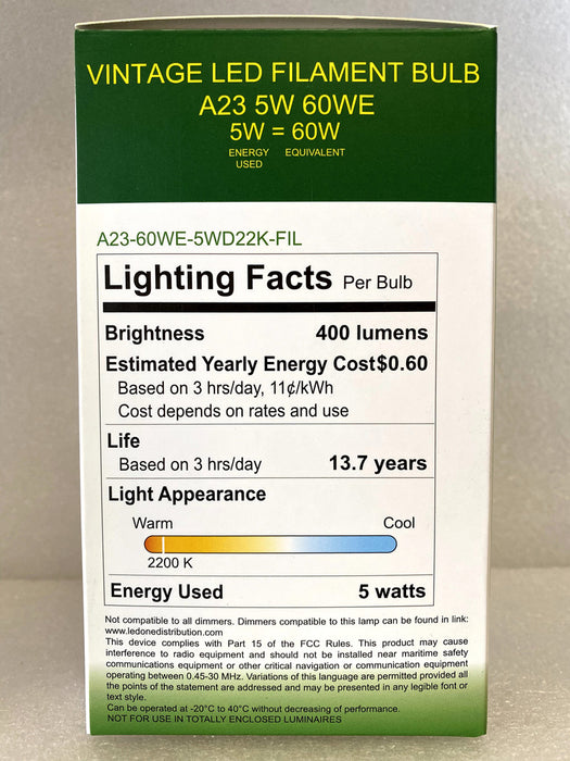 FILAMENT BULB A23 5W 800LM 2200K E26 DIMMABLE 110-130V 4F UL QUALIFIED