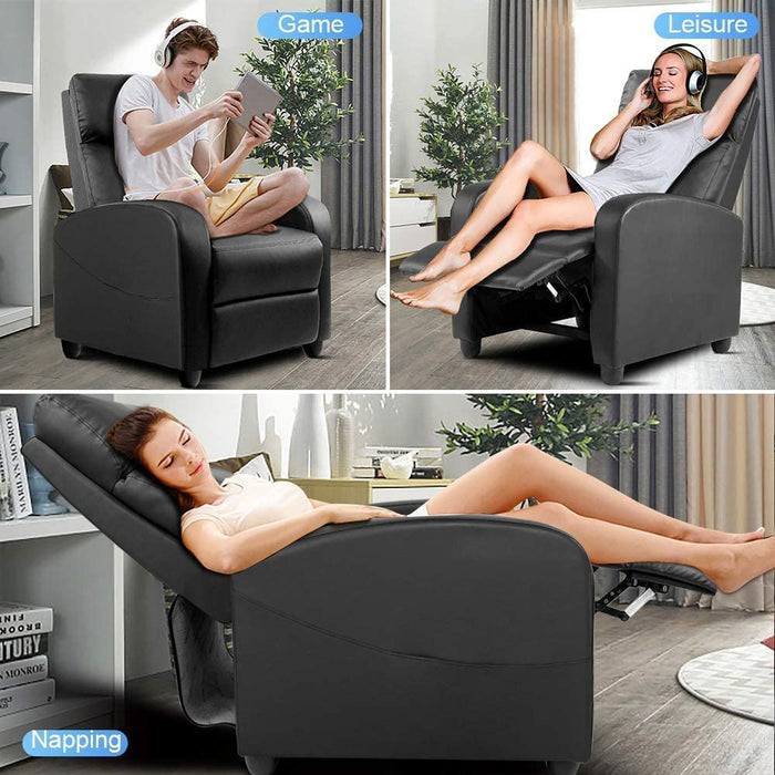 Recliner Chair Living Room Armchair PU Leather, Home Theater Seating Reading Watching TV Modern 160° Reclining Chair Padded Seat Backrest (Black)