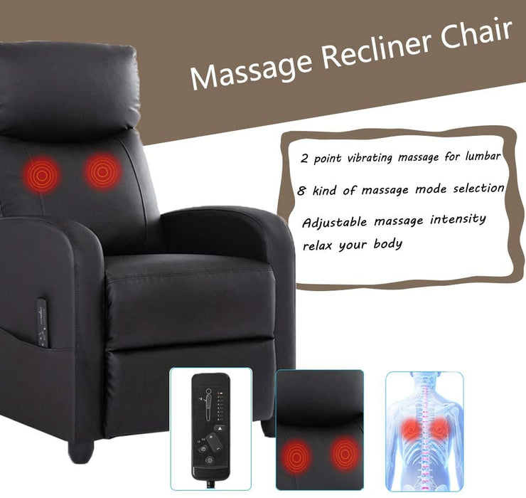 Recliner Chair Massage Single Sofa Armchair for Living Room Modern Ergonomic Adjustable Home Theater Seating Thicker Seat Backrest Cushion PU Leather (Black)