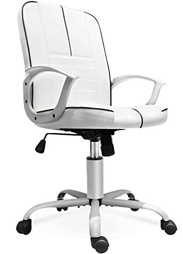 Office Chair Leather, Mid Back Home Office Chair Bonded Leather Computer Swivel Task Desk Chair - White