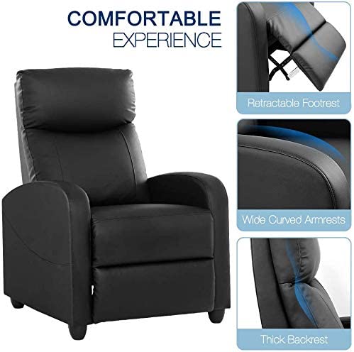 Recliner Chair Living Room Armchair PU Leather, Home Theater Seating Reading Watching TV Modern 160° Reclining Chair Padded Seat Backrest (Black)