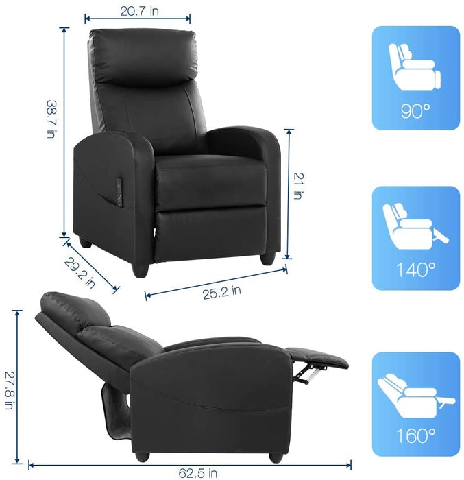 Recliner Chair Massage Single Sofa Armchair for Living Room Modern Ergonomic Adjustable Home Theater Seating Thicker Seat Backrest Cushion PU Leather (Black)