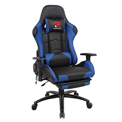 Massage Gaming Chair - Computer Office Racing Chair with Retractable Footrest Adjustable Lumbar Cushion Headrest Swivel Rocking Desk Chair (Blue)