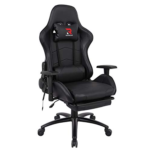 Massage Gaming Chair - Computer Office Racing Chair with Retractable Footrest Adjustable Lumbar Cushion Headrest Swivel Rocking Desk Chair (Black)
