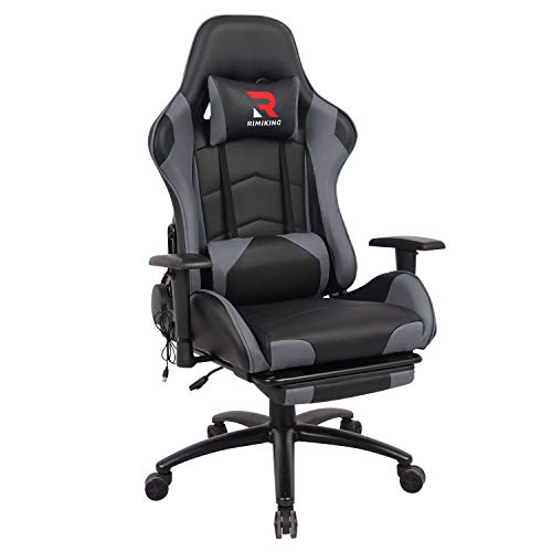 Massage Gaming Chair - Computer Office Racing Chair with Retractable Footrest Adjustable Lumbar Cushion Headrest Swivel Rocking Desk Chair (Grey)