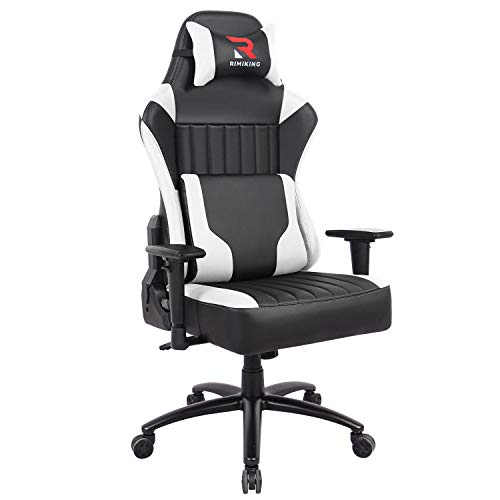 High Back Gaming Chair- Big Tall Ergonomic Adjustable Tilt Angle &Arms Racing Executive Computer Desk Office Chair Rocking Metal Base Wide Backrest&Headrest (White)