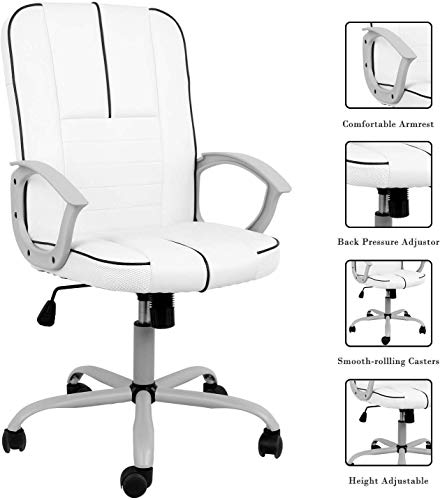 Office Chair Leather, Mid Back Home Office Chair Bonded Leather Computer Swivel Task Desk Chair - White