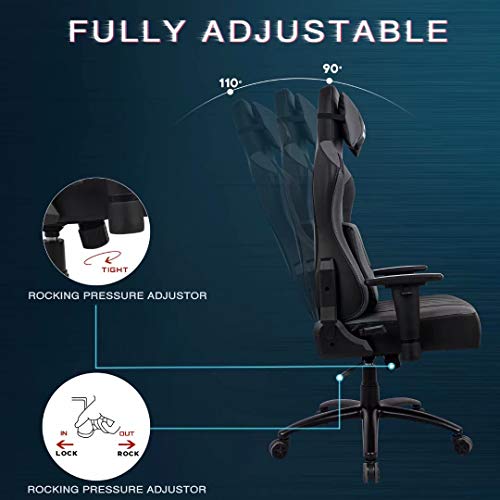 Gaming Chair- Big Tall Ergonomic Adjustable Tilt Angle & Arms Racing Executive Computer Desk Rocking Metal Base Grey