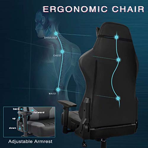 Gaming Chair- Big Tall Ergonomic Adjustable Tilt Angle & Arms Racing Executive Computer Desk Rocking Metal Base Grey