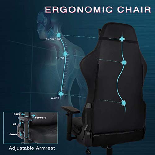 Gaming Chair- Big Tall Ergonomic Adjustable Tilt Angle & Arms Racing Executive Computer Desk Rocking Metal Base Black