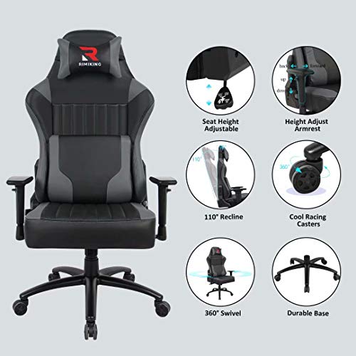 Gaming Chair- Big Tall Ergonomic Adjustable Tilt Angle & Arms Racing Executive Computer Desk Rocking Metal Base Grey