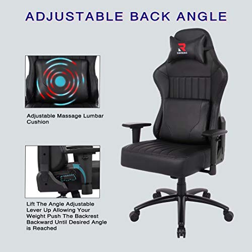Gaming Chair- Big Tall Ergonomic Adjustable Tilt Angle & Arms Racing Executive Computer Desk Rocking Metal Base Black
