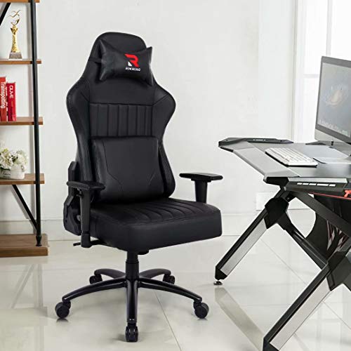 Gaming Chair- Big Tall Ergonomic Adjustable Tilt Angle & Arms Racing Executive Computer Desk Rocking Metal Base Black