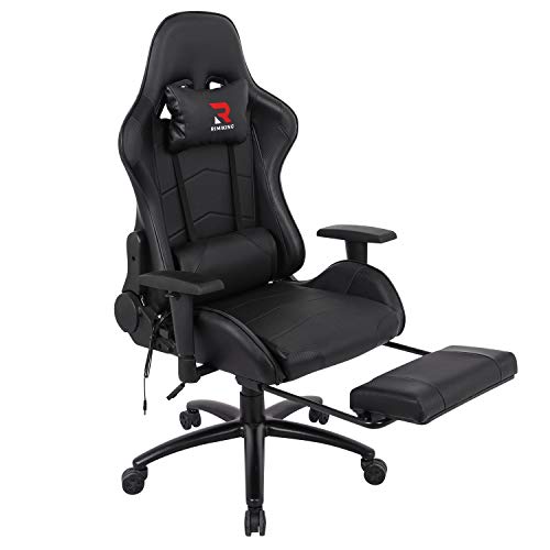 Massage Gaming Chair - Computer Office Racing Chair with Retractable Footrest Adjustable Lumbar Cushion Headrest Swivel Rocking Desk Chair (Black)