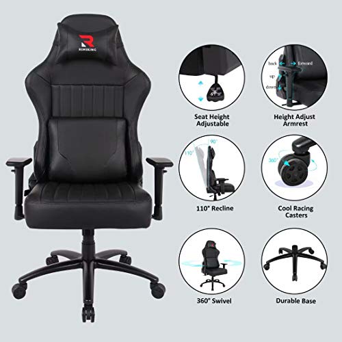 Gaming Chair- Big Tall Ergonomic Adjustable Tilt Angle & Arms Racing Executive Computer Desk Rocking Metal Base Black