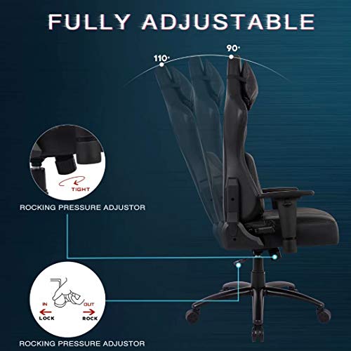 Gaming Chair- Big Tall Ergonomic Adjustable Tilt Angle & Arms Racing Executive Computer Desk Rocking Metal Base Black