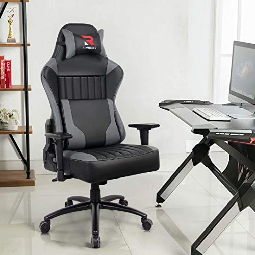 Gaming Chair- Big Tall Ergonomic Adjustable Tilt Angle & Arms Racing Executive Computer Desk Rocking Metal Base Grey