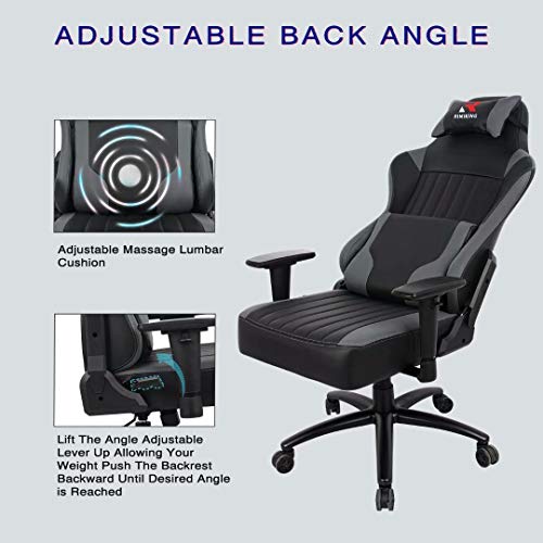 Gaming Chair- Big Tall Ergonomic Adjustable Tilt Angle & Arms Racing Executive Computer Desk Rocking Metal Base Grey