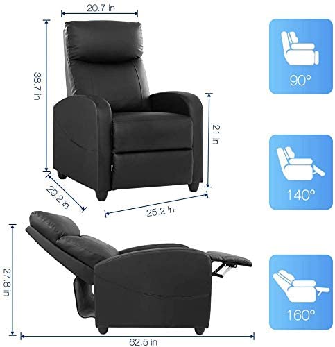 Recliner Chair Living Room Armchair PU Leather, Home Theater Seating Reading Watching TV Modern 160° Reclining Chair Padded Seat Backrest (Black)
