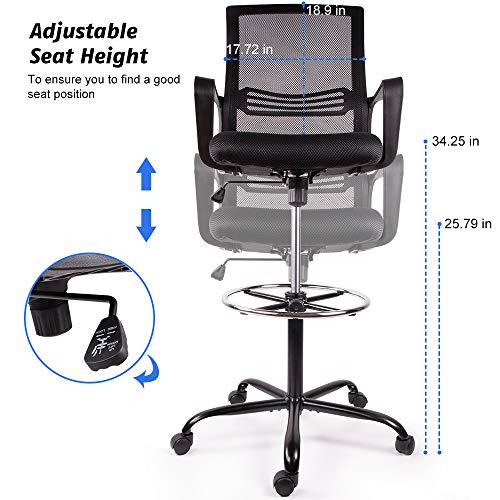 Drafting Chair Tall Office Chair for Standing Desk Drafting Mesh Table Chair with Foot Ring (Dark Black)