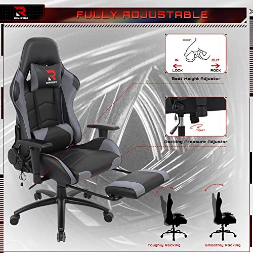 Massage Gaming Chair - Computer Office Racing Chair with Retractable Footrest Adjustable Lumbar Cushion Headrest Swivel Rocking Desk Chair (Grey)