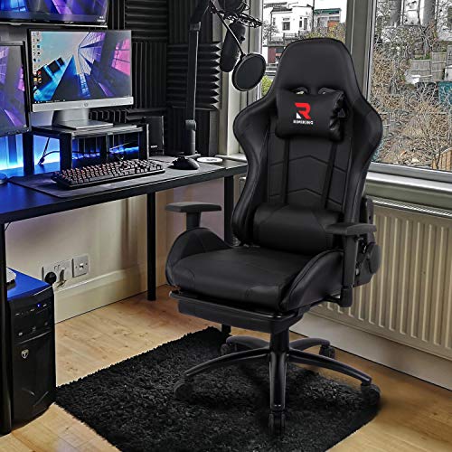 Massage Gaming Chair - Computer Office Racing Chair with Retractable Footrest Adjustable Lumbar Cushion Headrest Swivel Rocking Desk Chair (Black)