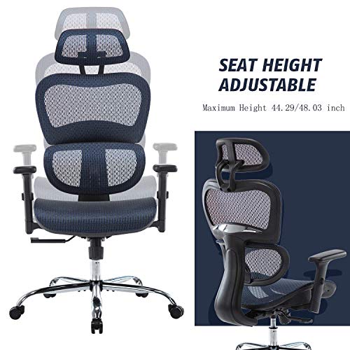 Office Chair, Ergonomics Mesh Chair Computer Chair Desk Chair High Back Chair w/Adjustable Headrest and Armrests - Blue