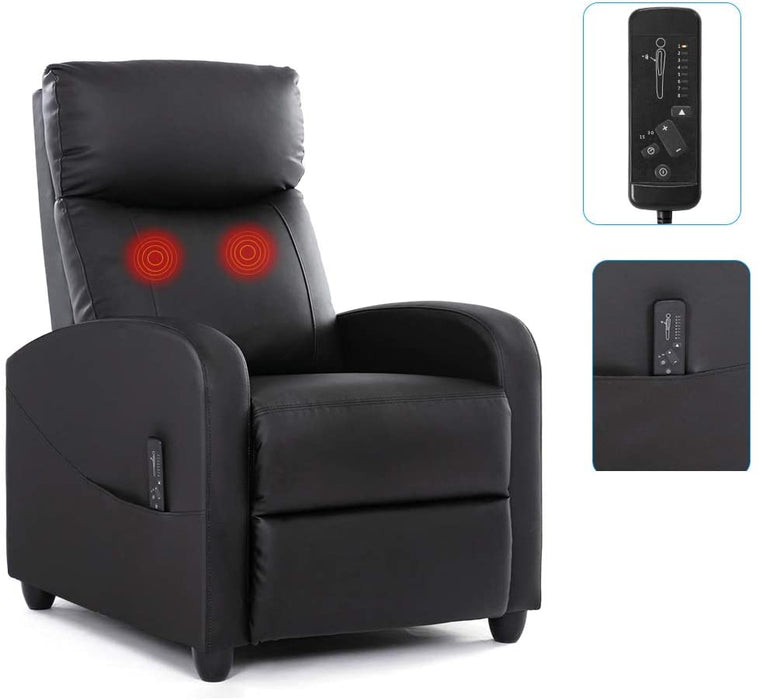 Recliner Chair Massage Single Sofa Armchair for Living Room Modern Ergonomic Adjustable Home Theater Seating Thicker Seat Backrest Cushion PU Leather (Black)