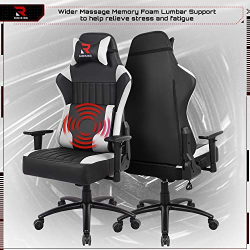 High Back Gaming Chair- Big Tall Ergonomic Adjustable Tilt Angle &Arms Racing Executive Computer Desk Office Chair Rocking Metal Base Wide Backrest&Headrest (White)