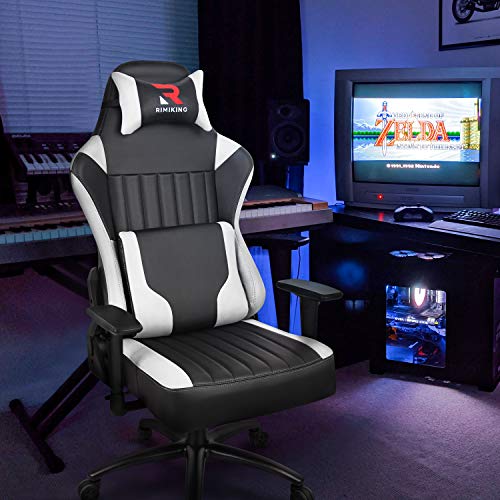 High Back Gaming Chair- Big Tall Ergonomic Adjustable Tilt Angle &Arms Racing Executive Computer Desk Office Chair Rocking Metal Base Wide Backrest&Headrest (White)
